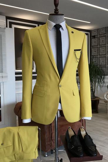Elegant Yellow Peaked Lapel One Button 3 Flaps Prom Men Suits | Happnessmall_1