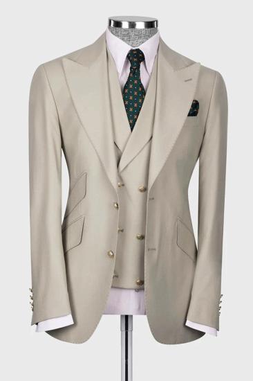 Stylish Cream 3 Piece Peaked Lapel Slim Fit Men Suits With Classic Vest_1