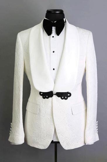 Modern White Shawl Lapel Jacquard Groom Suits | Elegant Slim Fit Tuxedos for Wedding 2 Pieces