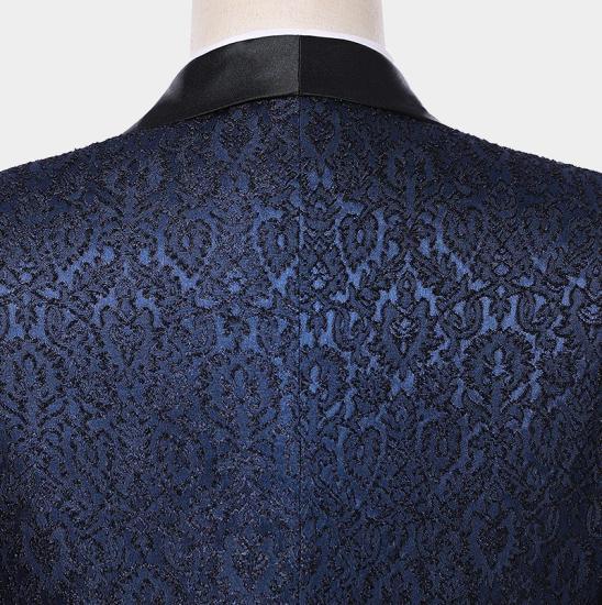 Chic Navy Blue Jacquard Damask Tuxedo | Modern Three Pieces Men Suits_4