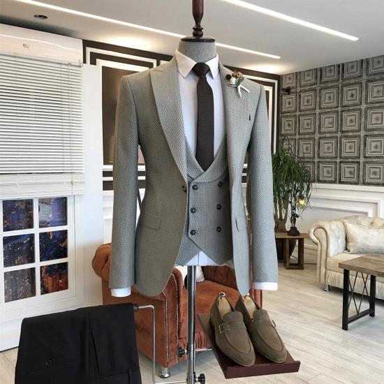 Luke Popular Gray Small Plaid Peaked Lapel One Button Business Men Suits_2