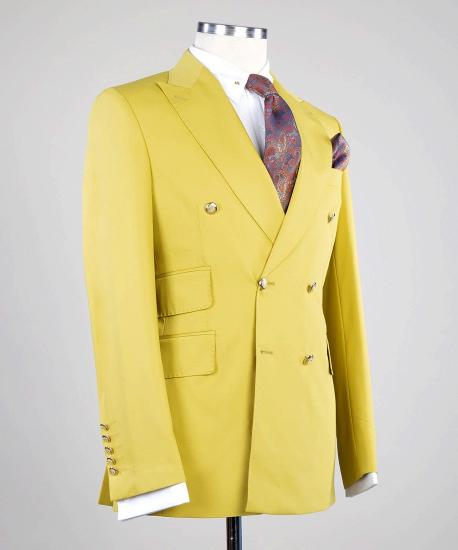 Unique Yellow Peaked Lapel Double Breasted Two Pieces Men Suits_2