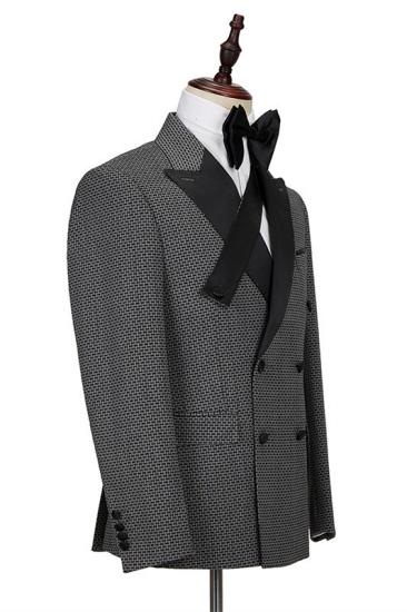 Modern Black Plaid Peaked Lapel Double Breasted Men Suits_3