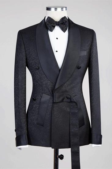 Fashion Black Double Breasted Shawl Lapel Jacuqard Wedding Suit With Belt_3