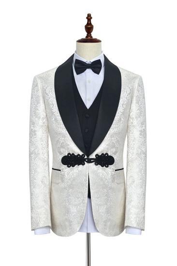 Gorgeous Knitted Button Black Shawl Lapel Three Piece White Jacquard Wedding Tuxedo for Men
