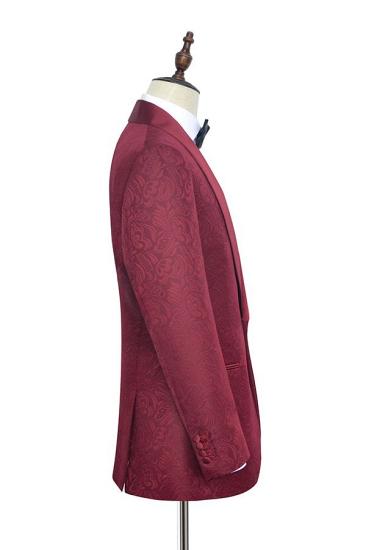Burgundy Jacquard One Button Silk Shawl Lapel Mens Suits for Wedding or Prom_4