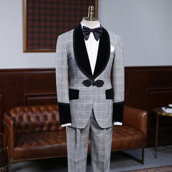Maverick Special Design Gray Plaid Knitted Button Wedding Suit For Grooms_2
