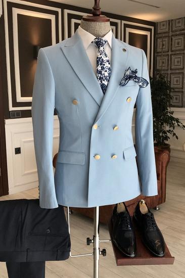 Popular Sky Blue Double Breasted Formal Business Bespoke Suits For Men_1