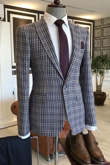 Modern Black Small Plaid Peaked Lapel Bespoke Sim Fit Men Suits