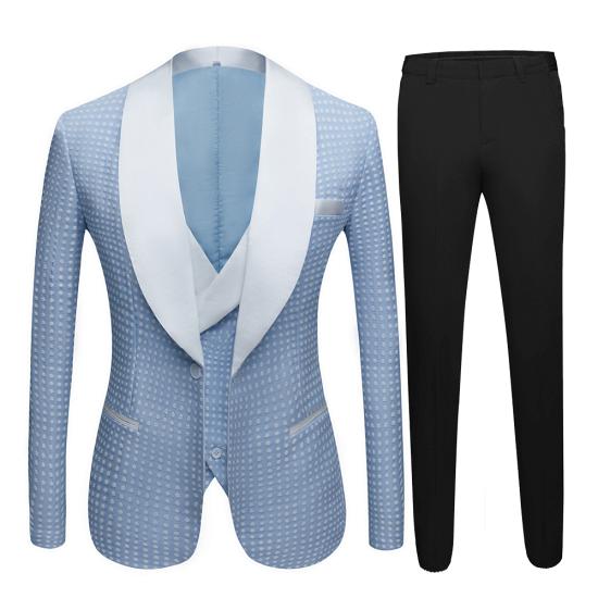 Unique Sky Blue Dot Single Button Wedding Groom Set  with Shawl Lapel_4