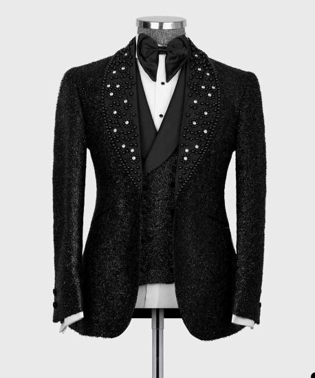 Shiny Black Beading Shawl Lapel Three Pieces Prom Men Suits | Happnessmall_3