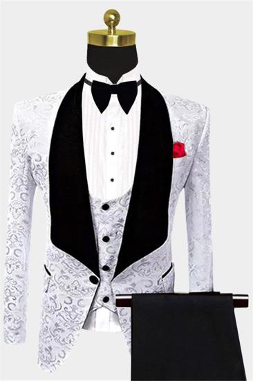 Gorgeous White Damask Prints Huge Silk Shawl Lapel  Tuxedo | Classic Three Pieces Dinner Men Suits