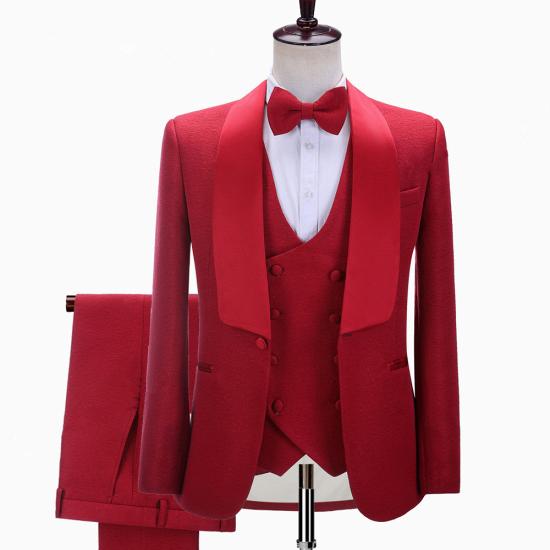 Red Shawl Lapel Slim Fit Three-Piece Wedding Tuxedo For Men | happnessmall_2