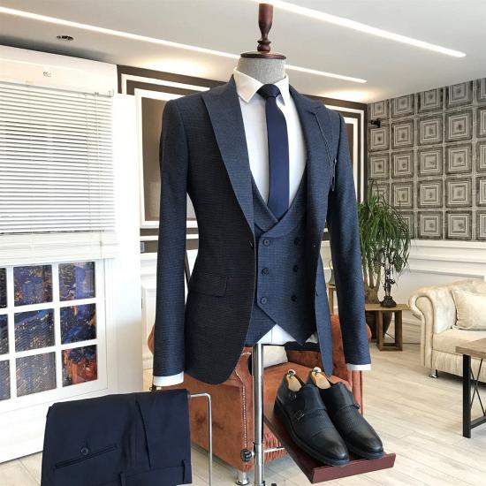 Samuel Popular Navy Blue One Button Small Plaid  Double Breasted Men Suits For Business_2