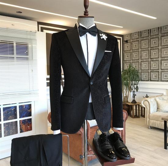 Classical Black Sparkle Stripes Peaked Lapel Men Suits | happnessmall_2