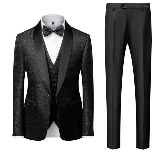 Classic black jacquard satin silk shawl for men's wedding tailcoat_2