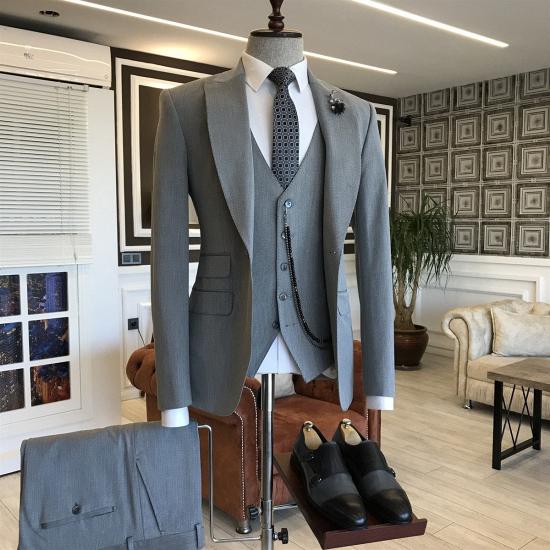 Ronin Stylish Gray Peaked Lapel Three-Pieces Men Suits for Business_2