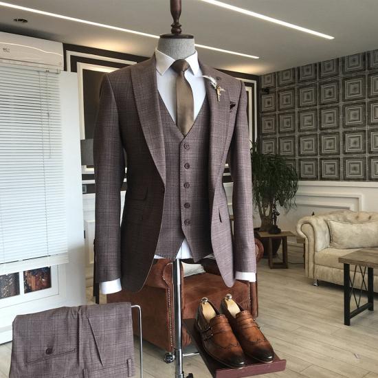Michael Chic Burgundy Small Plaid 3-Pieces Slim Fit Business Suits For Men_2