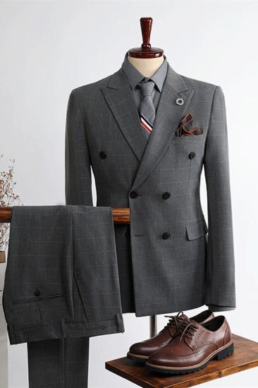 Popular  Dark Gary Peaked Lapel Double Breasted Plaid Men Suits | happnessmall