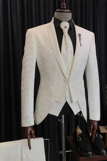 New Fashion White Jacquard 3-Pieces Wedding Suits With Special Lapel | Happnessmall