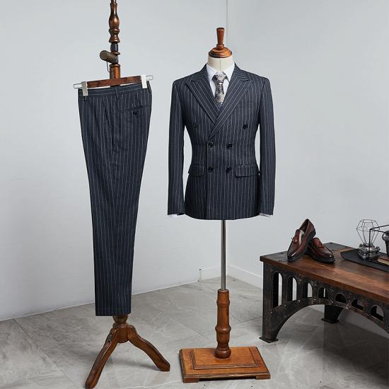 Connor Stylish Formal Black Striped Peaked Lapel Double Breasted Bespoke Business Suit_2
