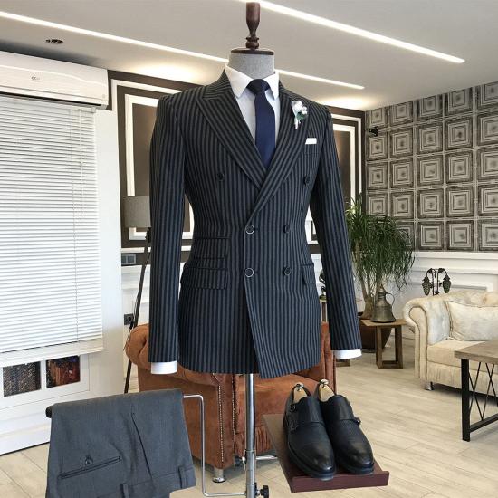 Classic Black Striped Double Breasted Peaked Lapel Business Suits | Happnessmall_2