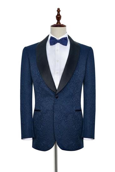 Navy Blue Jacquard Black Silk Shawl Lapel  Mens Suits for Weddings and Prom