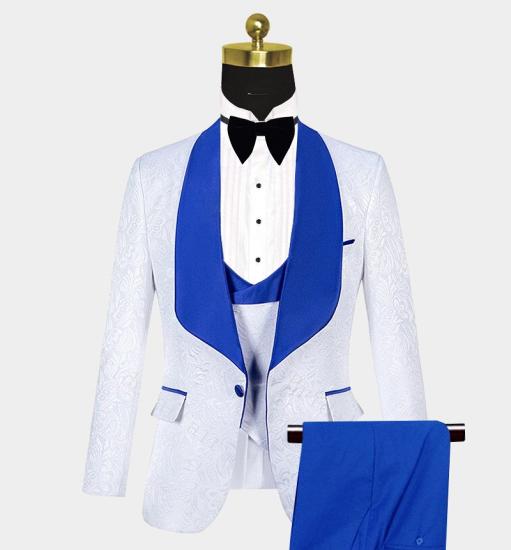 White Jacquard Tuxedo with Blue Huge Shawl Lapel Three Pieces Prom Suits Sale_3