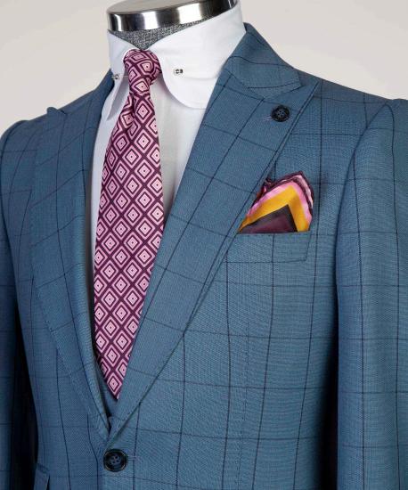 Stylish Blue Plaid Slim Fit Peaked Lapel Three Pieces Men Suits_2