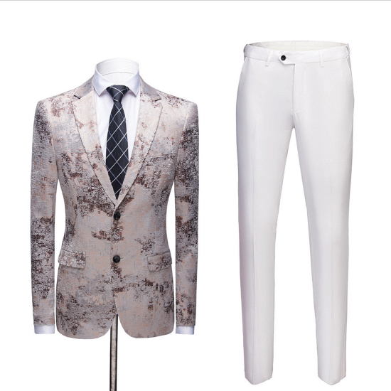 Fashion Light Brown Men's Prom Suits | Printing Wedding Tuxedos with White Pants_2