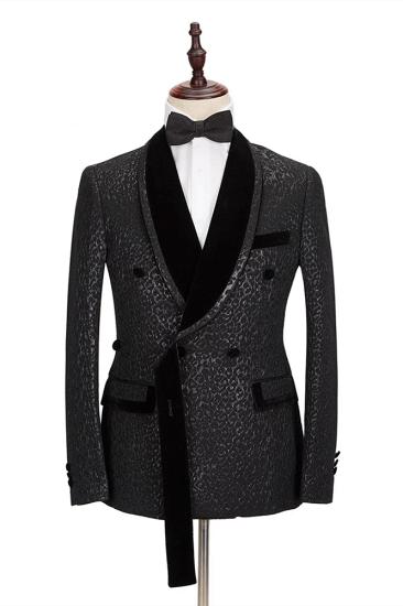 Fashion  Lapel Double Breasted Prom Suit | Belt Leopard Black Jacquard Men's Suit for Wedding