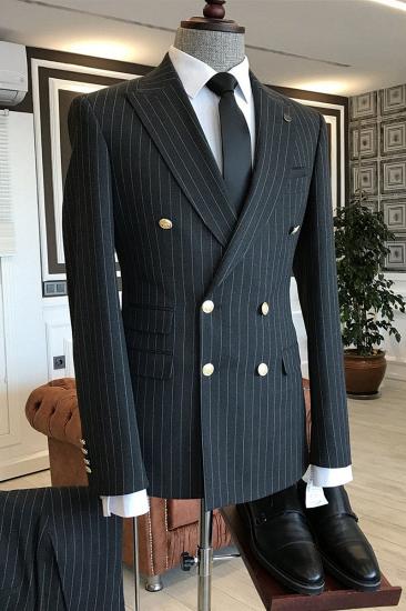 Vasilis Stylish Black Peaked Lapel Double Breasted Striped Men'S Business Suit
