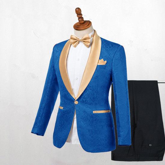 Matthew Ocean Blue Jacquard Slim Fit Wedding Men Suits with Gold Lapel_2