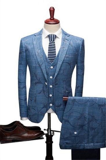 Chic Ocean Blue Wood Business Men Suits | Notched Lapel Print Tuxedo