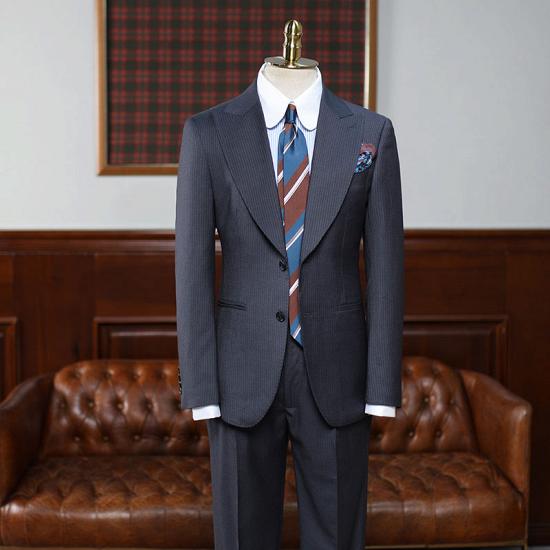 Marigold Gentle Black Striped Peaked Lapel Slim Fit Custom Business Suit_2