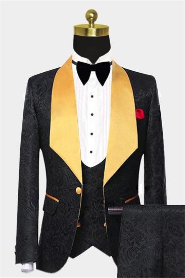 Gorgeous Black Jacquard Tuxedo with Gold Shawl Lapel | Three Pieces Men Suits