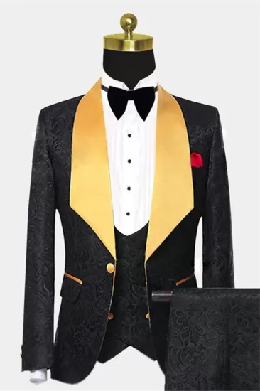 black-jacquard-tuxedo-with-gold-shawl-lapel-three-pieces-men-suits