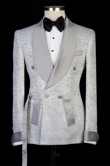 Elegant Shape Silver Shawl Lapel Double Breasted Jacquard Wedding Suits With Belt_4