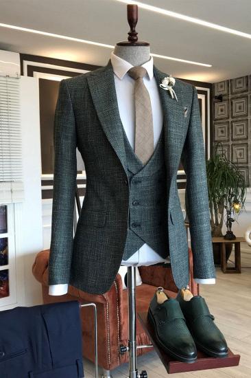 Scarlett Formal Black Plaid 3-Pieces Peaked Lapel Slim Fit Business Suits For Men_1