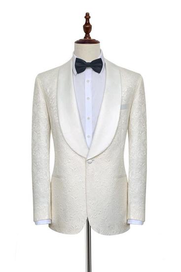 Xander Trendy Jacquard White Tuxedos for Wedding | Silk Shawl Lapel One Button Wedding Suit for Men_1