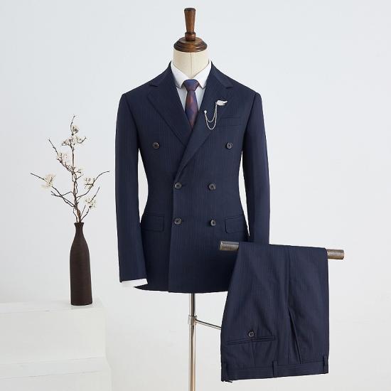 Zypher Latest Design Navy Blue Striped Notched Lapel Double Breasted Tailored Business Suit_2