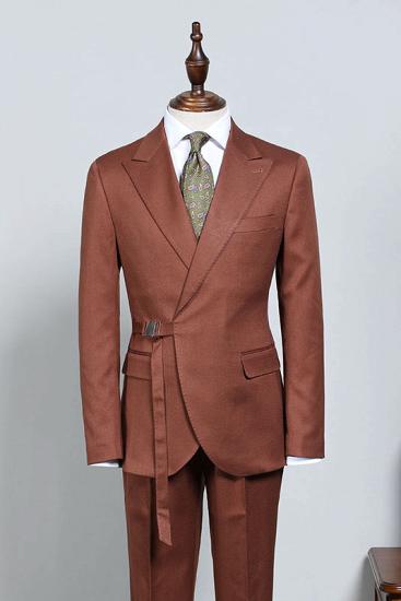 Stylish Caramel With Adjustable Belt Slim Fit Business Suit For Men