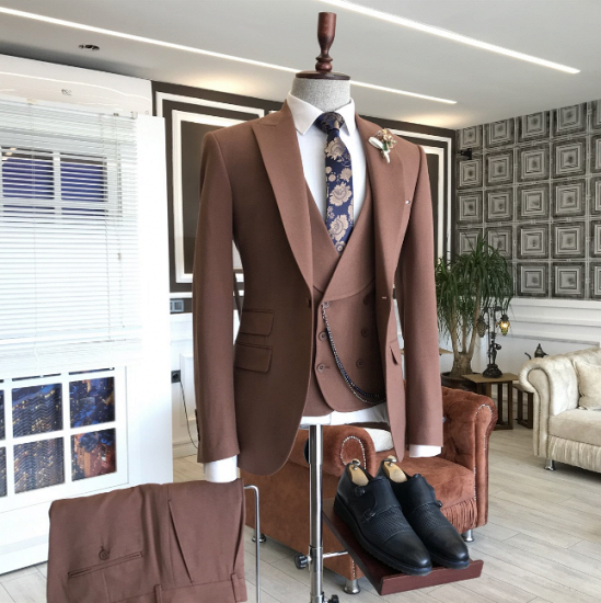 Evelyn Trendy Brown Peaked Lapel 3-Pieces Business Suits For Men_2