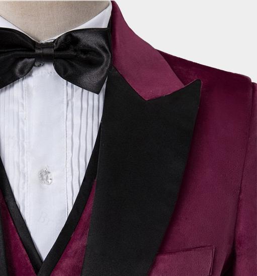 Jaxon Newest Burgundy Velvet Three Pieces Tuxedo | Peak Lapel Prom Men Suits_3