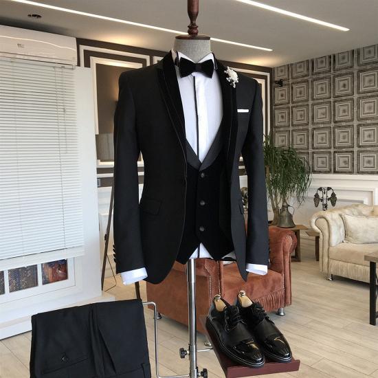 Ioanna Classic Black Shawl Lapel Slim Fit 3-pieces wedding tuxedos For Grooms_2