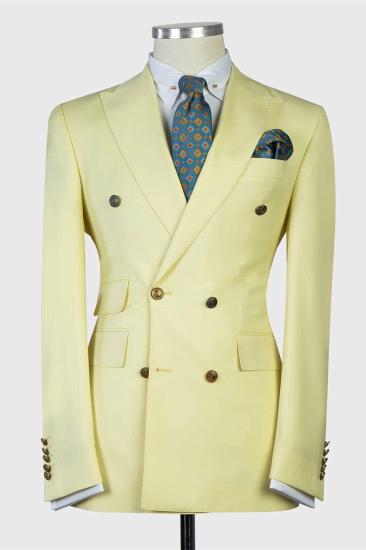 Latest Design Light Yellow Double Breasted Peaked Lapel Men Suits_1
