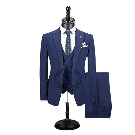 Dark Navy Blue Fashion Pointed Lapel Single Button Men's Business Set Online_2