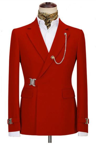Classical Red Notched Lapel Two Pieces Men Suit For Business with Buckle