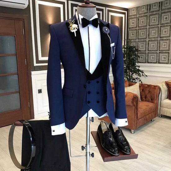 Solid color slim fit dark navy blue peaked lapel formal men's business suit_3