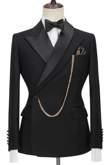 Stylish Black Peaked Lapel Fashion Slim Fit Side One Button  Formal Business Men Suits